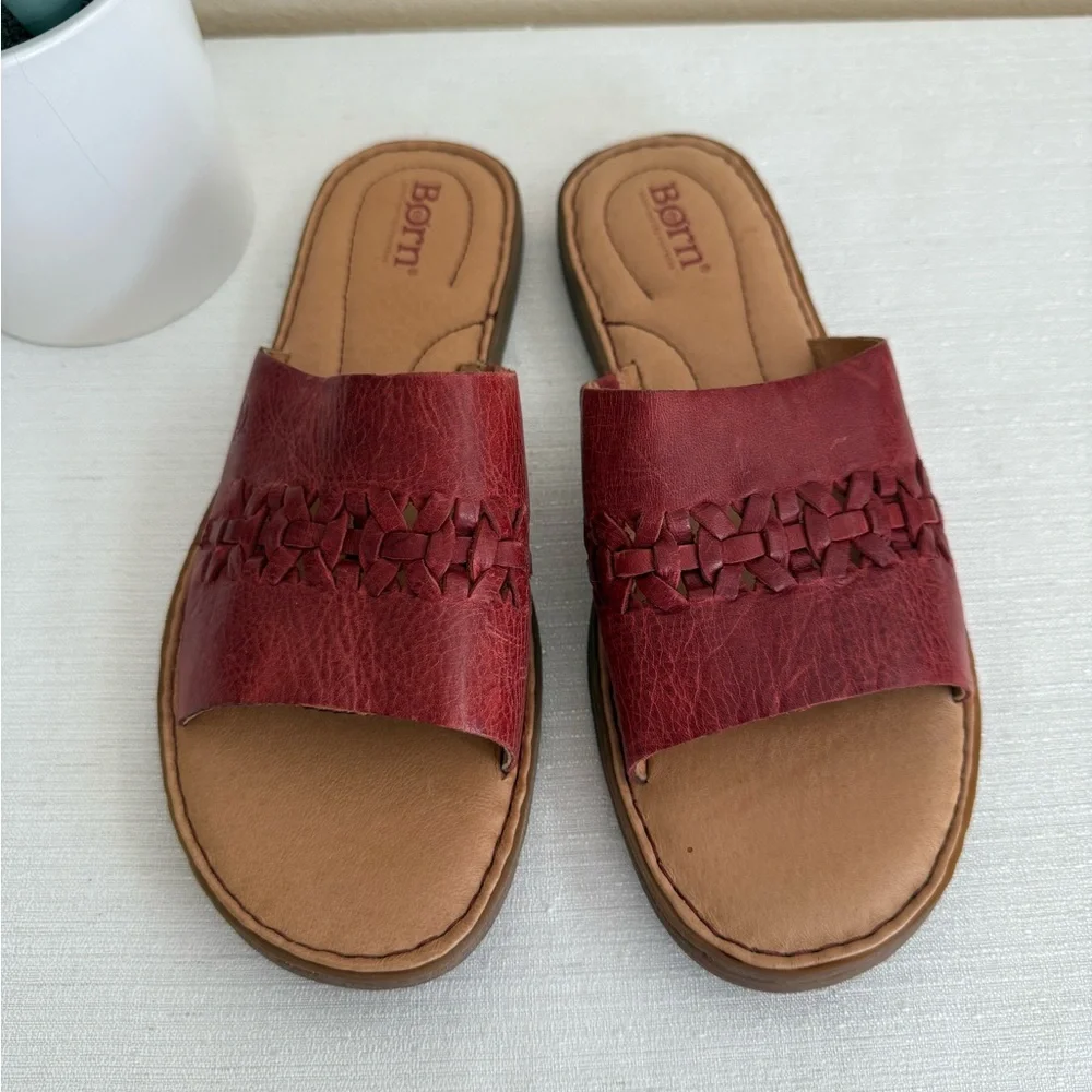 Born Burgundy Leather Woven Slide Sandals - Picture 6 of 13